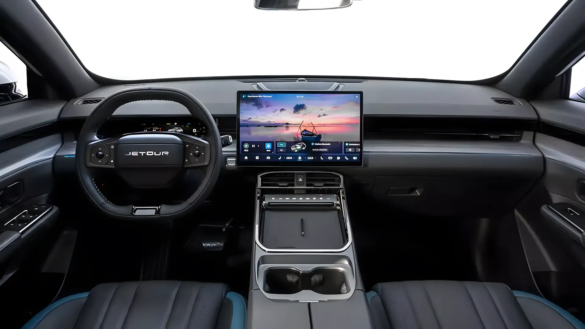 Interior do Jetour S06 Premium com tela de 15,6 polegadas e acabamento em couro