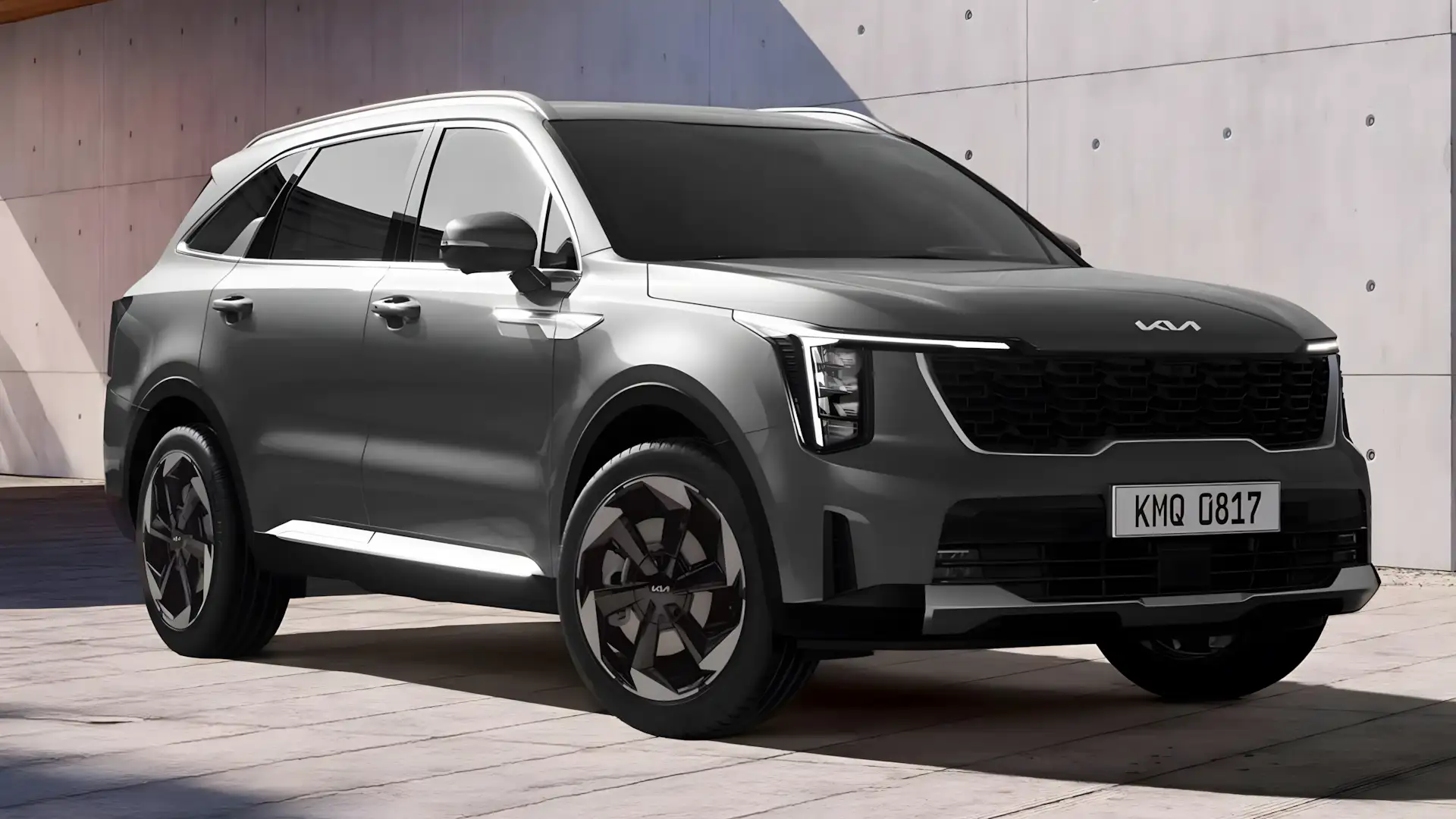 Novo Kia Sorento 2026 em vista frontal com faróis LED verticais e rodas de 19 polegadas