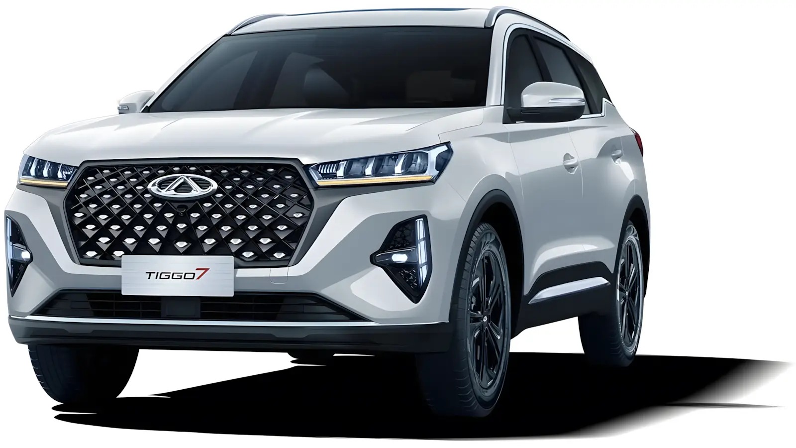 Vista frontal do Tiggo 7 Sport 2026 cinza com far&oacute;is LED e grade cromada