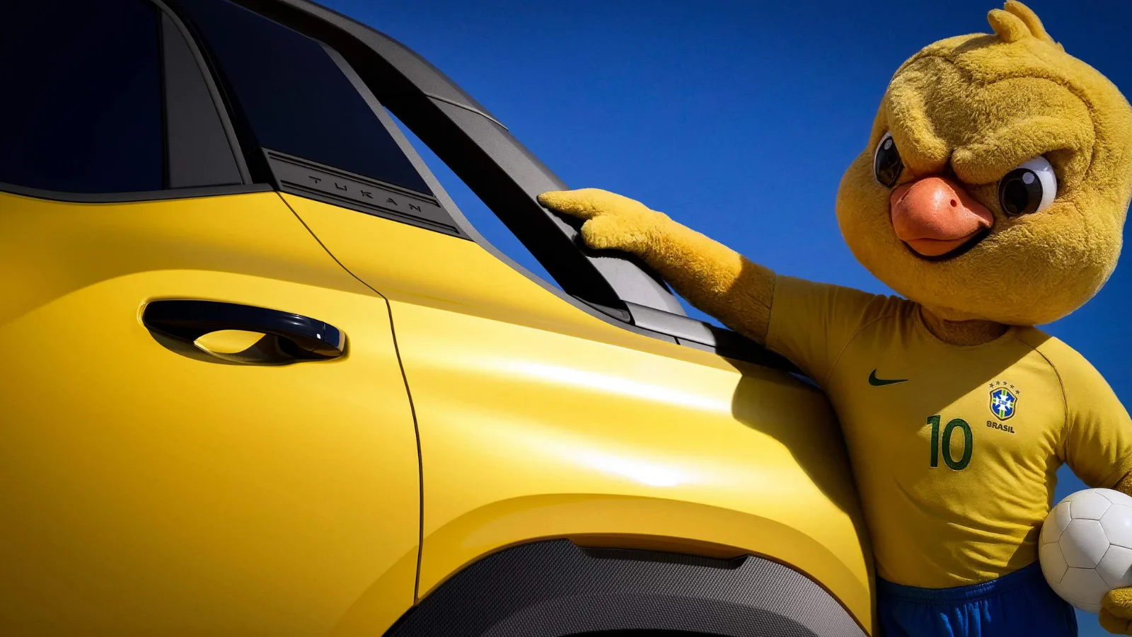 Teaser lateral da nova picape VW Tukan 2027 na cor Amarelo Canário